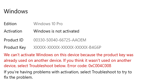 Solucionar error 0xC004C008